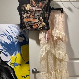 Butterfly Shirt and Beige Lace Skirt — Brand New!